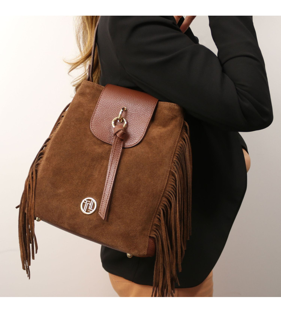 Rosa - Borsa a Spalla in Pelle Scamosciata con Frange