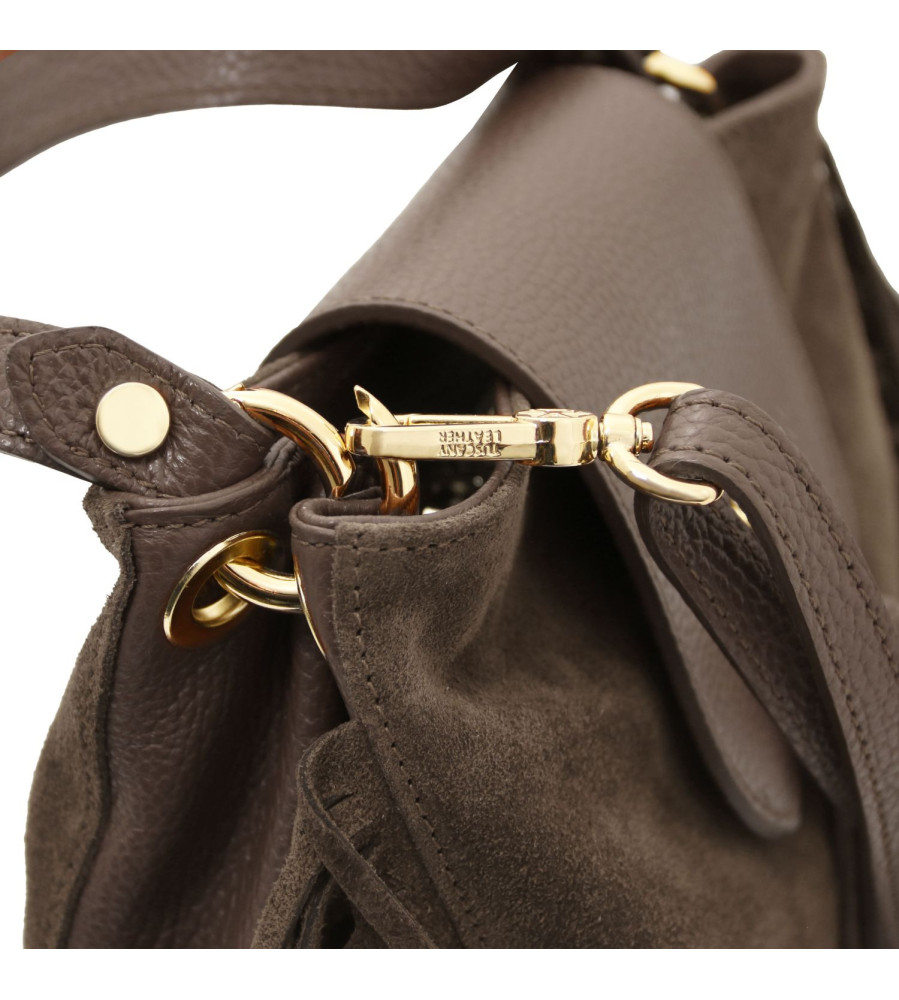 Rosa - Borsa a Spalla in Pelle Scamosciata con Frange